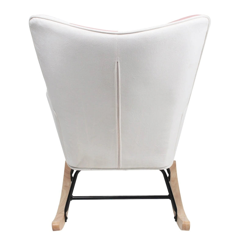 Mid Century Fabric Rocker Chair with Wood Legs and Patchwork Linen 17