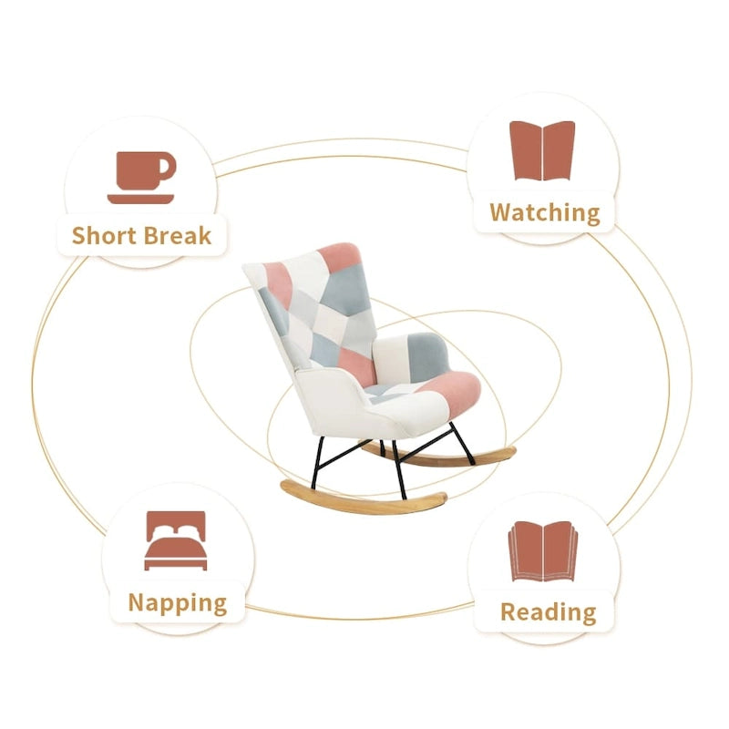 Mid Century Fabric Rocker Chair with Wood Legs and Patchwork Linen 18