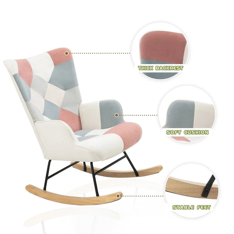 Mid Century Fabric Rocker Chair with Wood Legs and Patchwork Linen 19