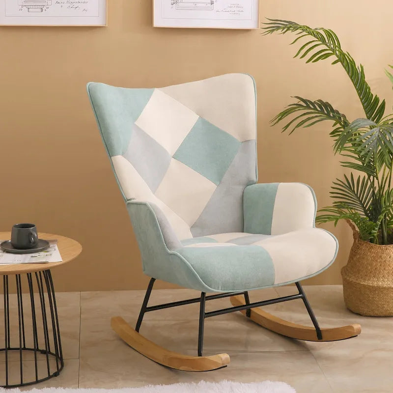 Mid Century Fabric Rocker Chair with Wood Legs and Patchwork Linen 21