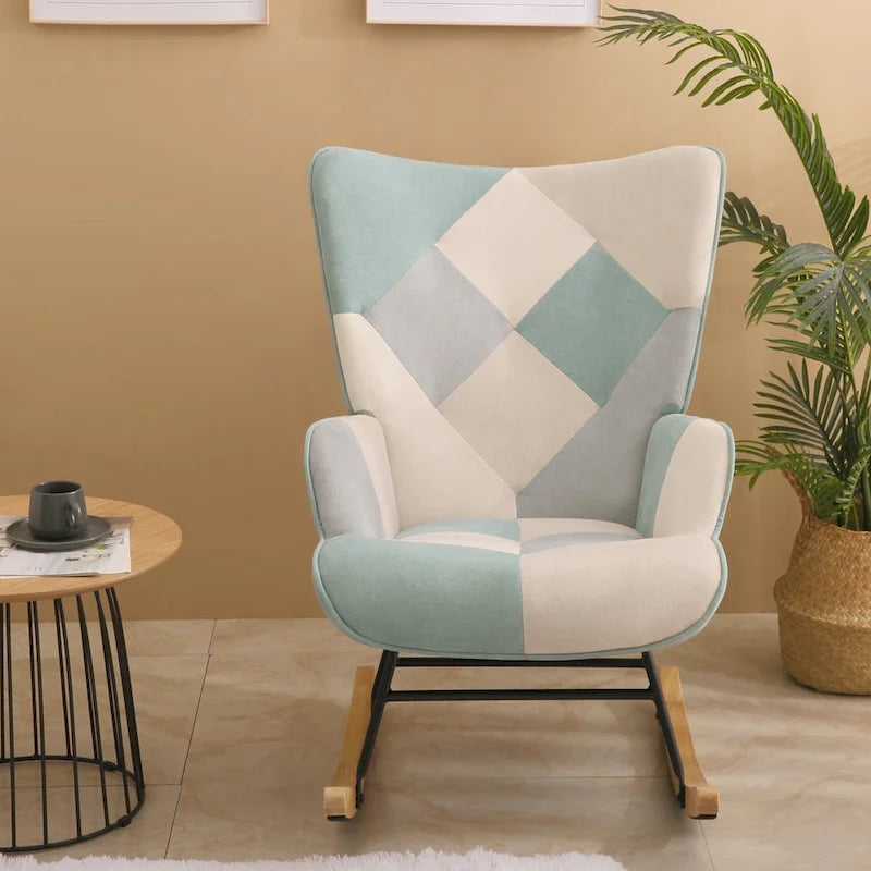 Mid Century Fabric Rocker Chair with Wood Legs and Patchwork Linen 22