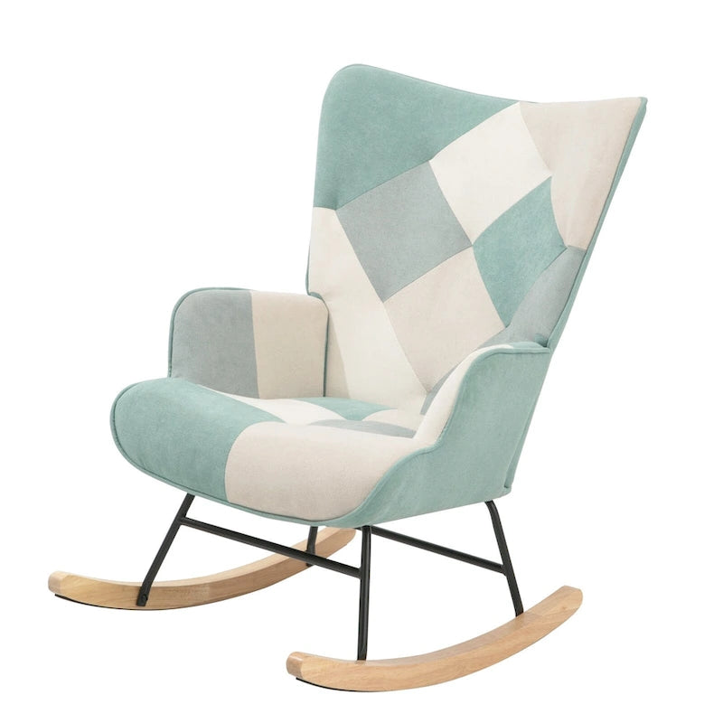 Mid Century Fabric Rocker Chair with Wood Legs and Patchwork Linen 23