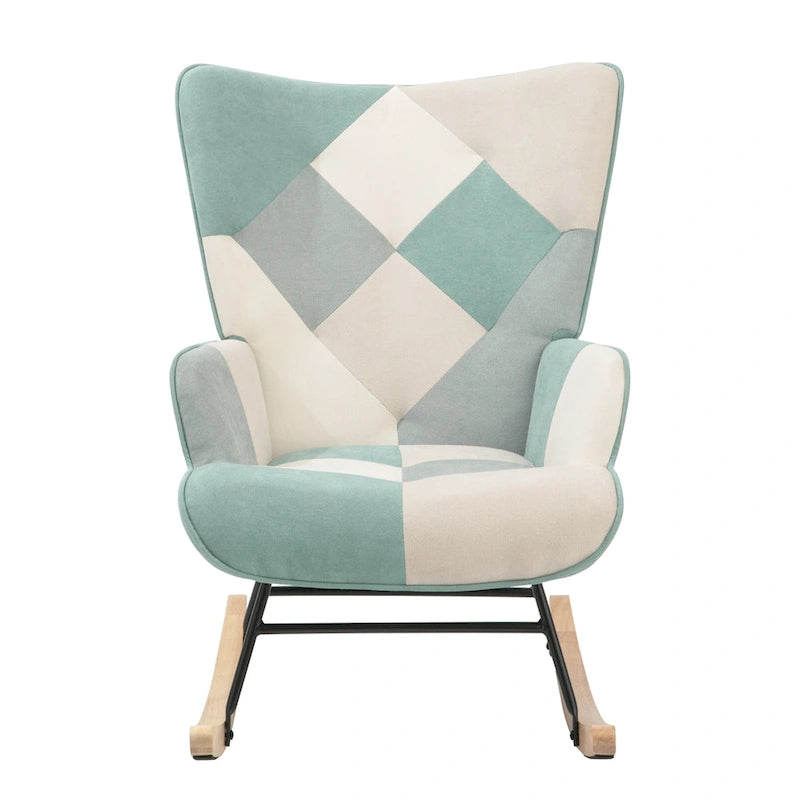 Mid Century Fabric Rocker Chair with Wood Legs and Patchwork Linen 24