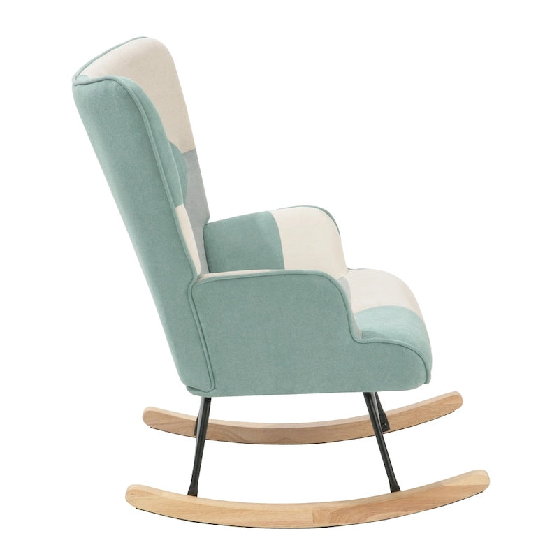 Mid Century Fabric Rocker Chair with Wood Legs and Patchwork Linen 25