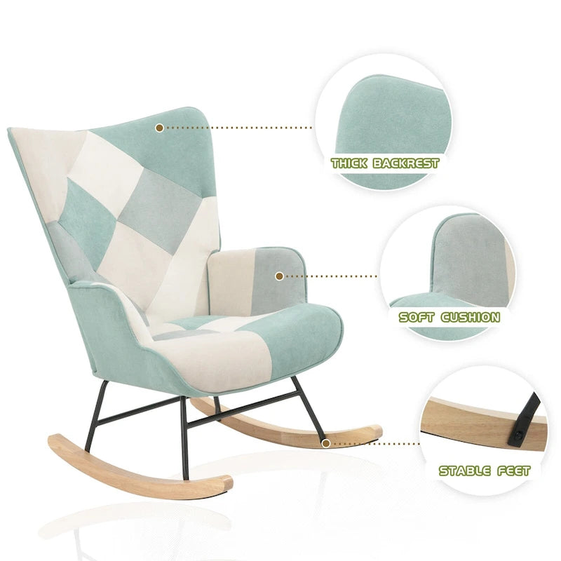Mid Century Fabric Rocker Chair with Wood Legs and Patchwork Linen 27