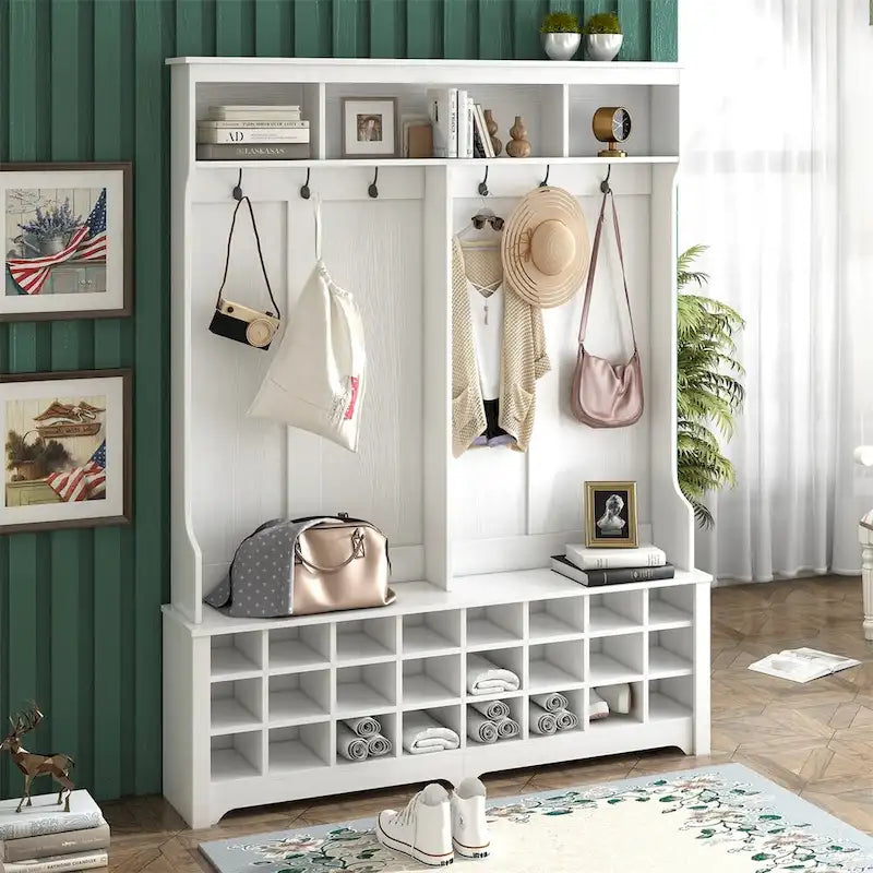 Merax Multiple Functions Hall Tree with Hooks, Shelves & 24 Shoe Cubbies