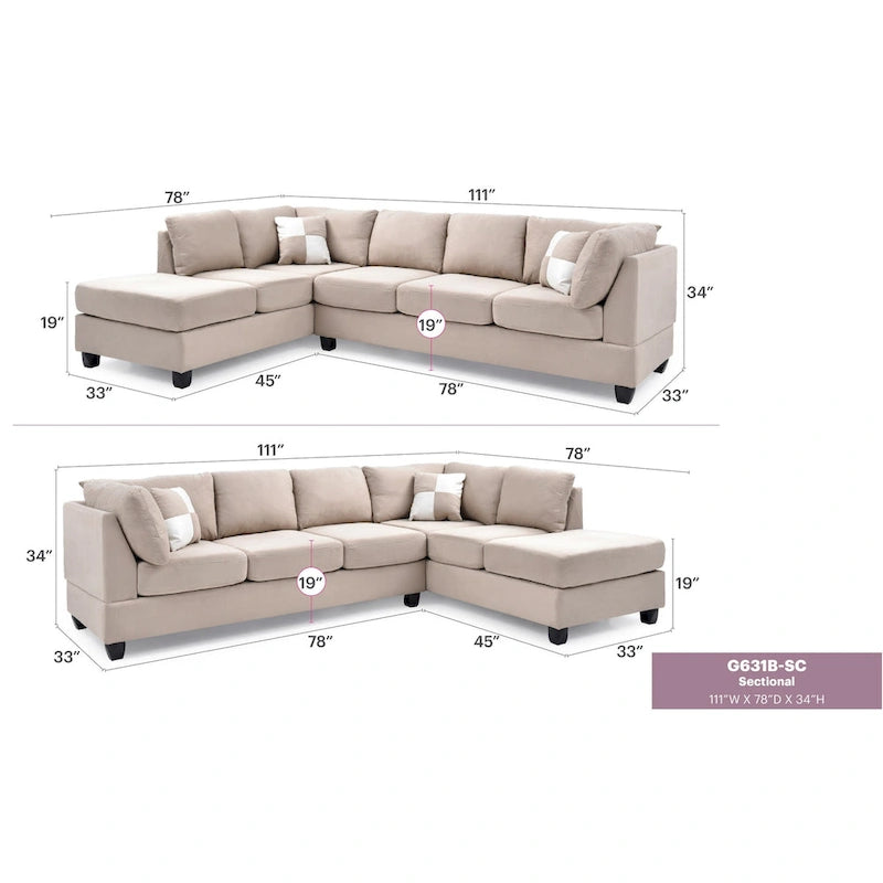 Malone 111 in. Suede 4-Seater Sectional Sofa with 2-Throw Pillow - 111L x 78W x 34H 10