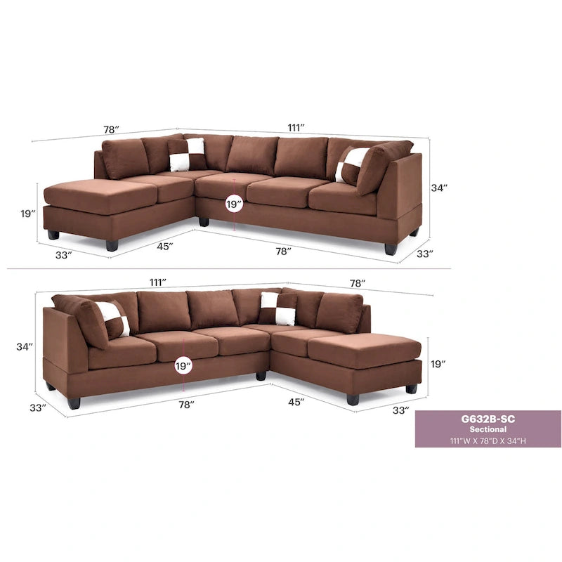 Malone 111 in. Suede 4-Seater Sectional Sofa with 2-Throw Pillow - 111L x 78W x 34H 16