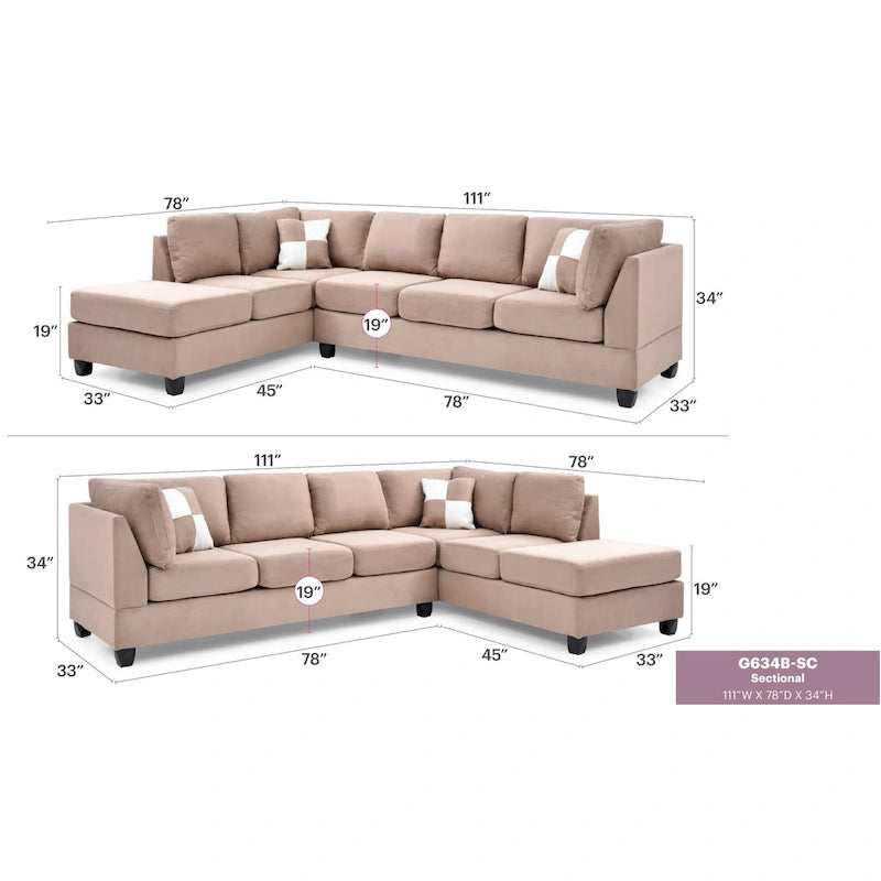 Malone 111 in. Suede 4-Seater Sectional Sofa with 2-Throw Pillow - 111L x 78W x 34H 22