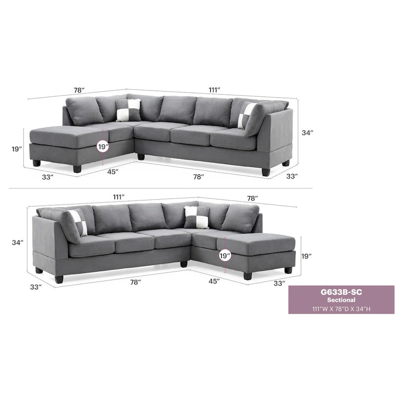 Malone 111 in. Suede 4-Seater Sectional Sofa with 2-Throw Pillow - 111L x 78W x 34H 28