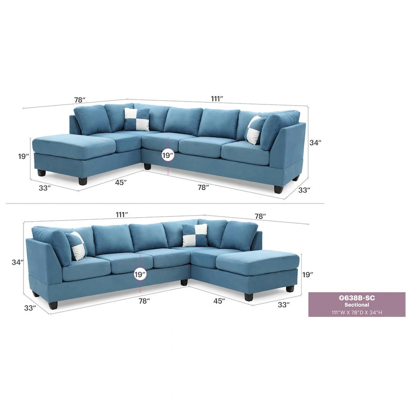 Malone 111 in. Suede 4-Seater Sectional Sofa with 2-Throw Pillow - 111L x 78W x 34H 34