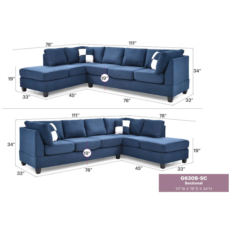 Malone 111 in. Suede 4-Seater Sectional Sofa with 2-Throw Pillow - 111L x 78W x 34H 35
