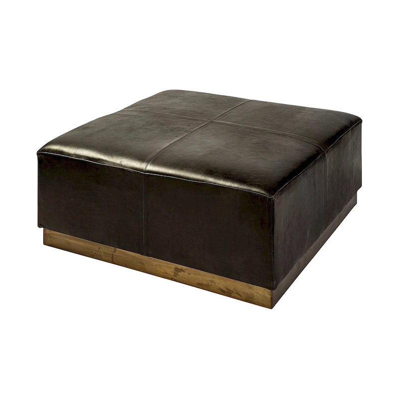 Minara Black Genuine Leather w/ Gold Metal Base 36 Square Ottoman 17