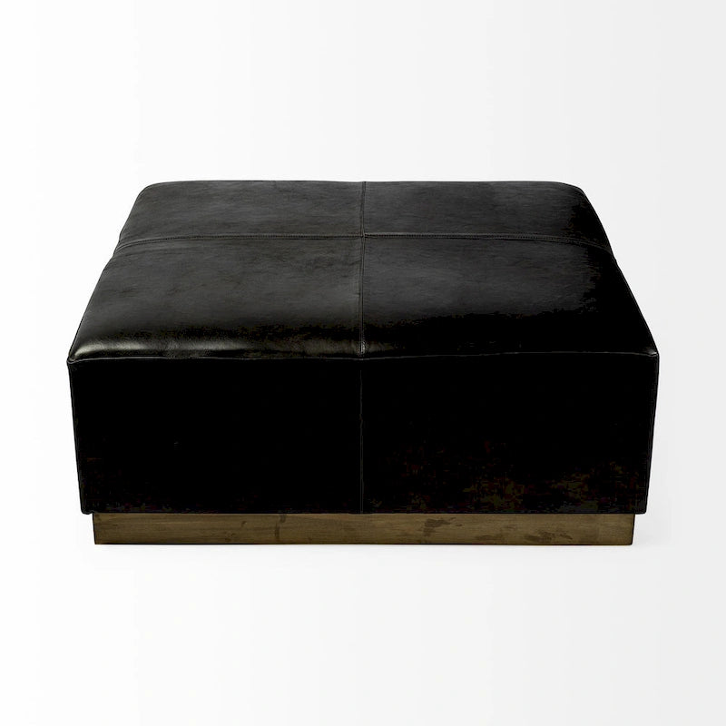 Minara Black Genuine Leather w/ Gold Metal Base 36 Square Ottoman 3