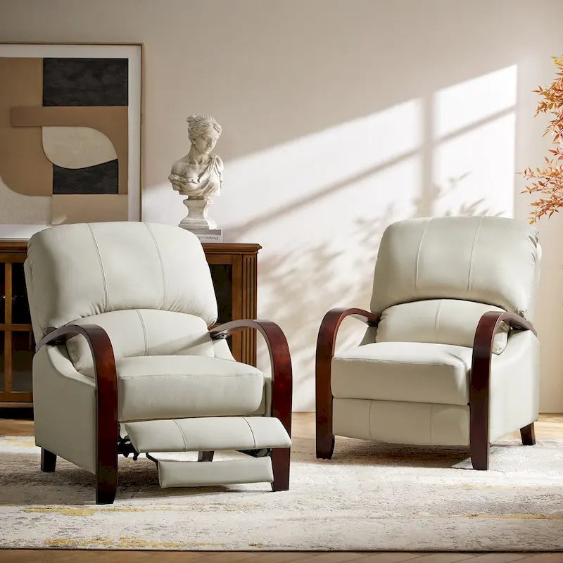 Poltrona reclinabile manuale Alex Mid-century Modern "Cigar" in vera pelle con braccioli curvi in legno, set da 2