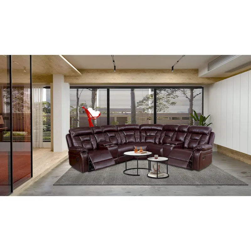 Mid-century Modern Faux Leather Upholstered Reclining Sectional Sofa 10