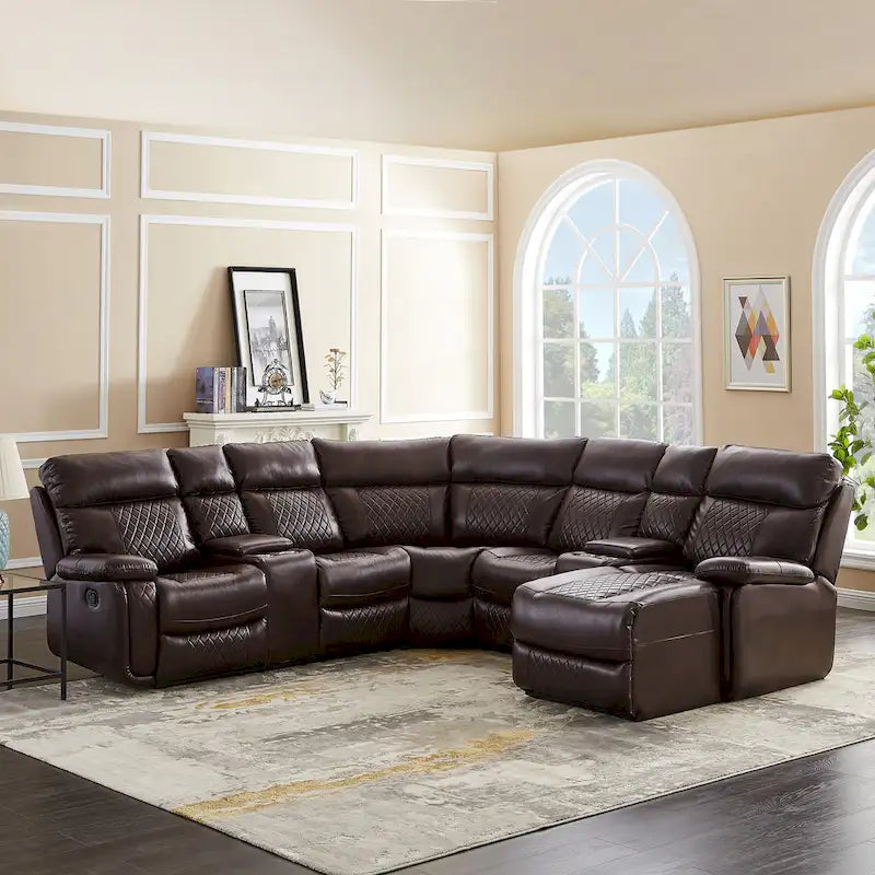 Mid-century Modern Faux Leather Upholstered Reclining Sectional Sofa 11