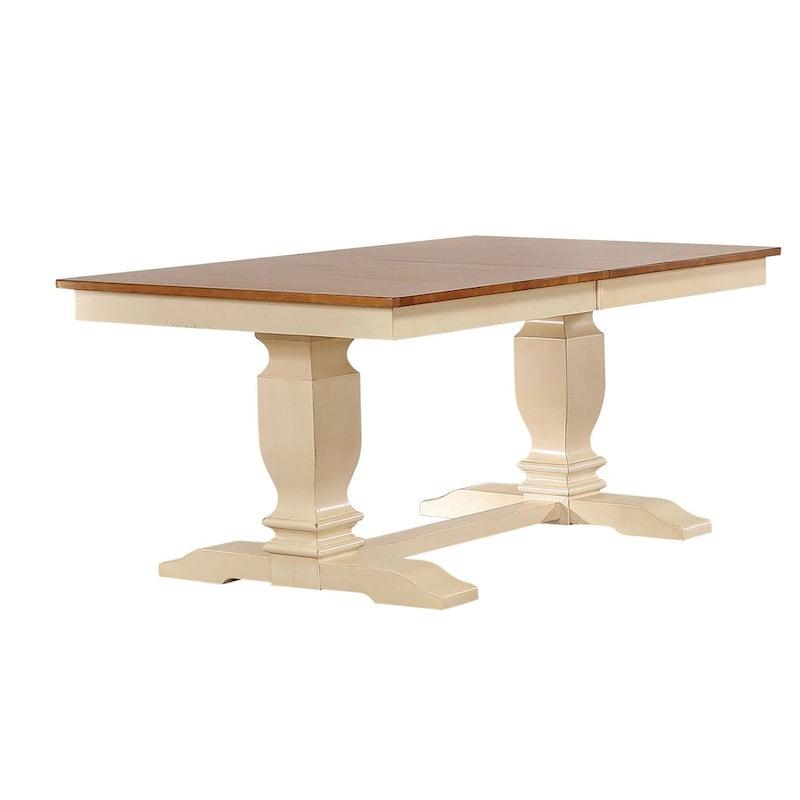Set da pranzo di 7 pezzi con schienale Napoleon a doppio piedistallo, colore caramello anticato/biscotto, in stile transizionale