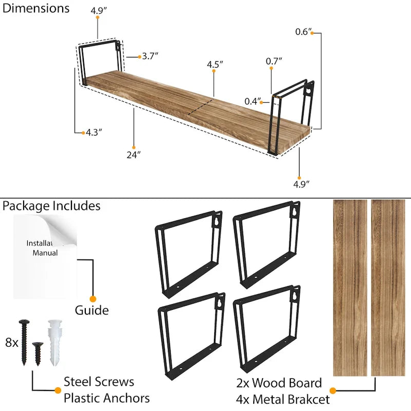 Wallniture Avila 24x4.5 Kitchen Wall Shelves, Natural Burned,Set of 4 6