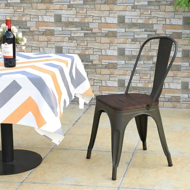 Set of 4 Stackable Bistro Cafe Dining Chair Metal Frame and Wood Seat - See Descriptions 2