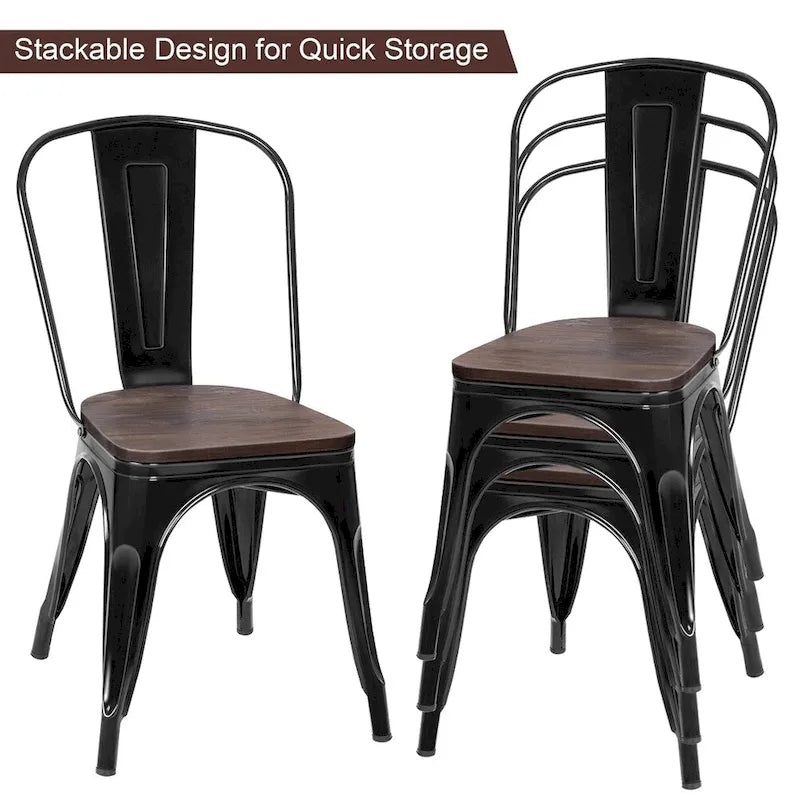 Set of 4 Stackable Bistro Cafe Dining Chair Metal Frame and Wood Seat - See Descriptions 4