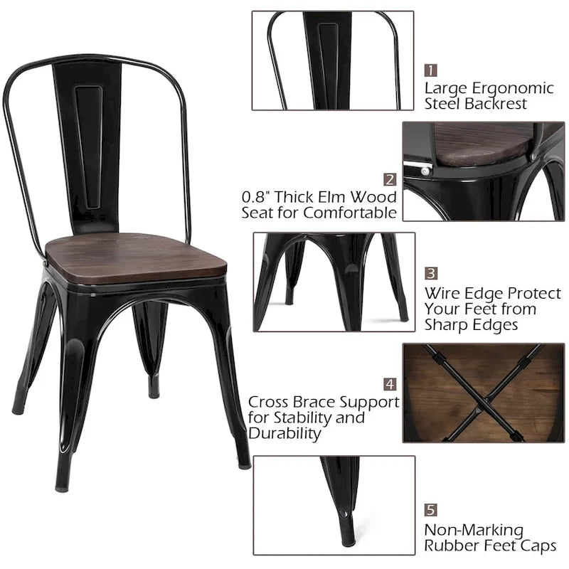 Set of 4 Stackable Bistro Cafe Dining Chair Metal Frame and Wood Seat - See Descriptions 5