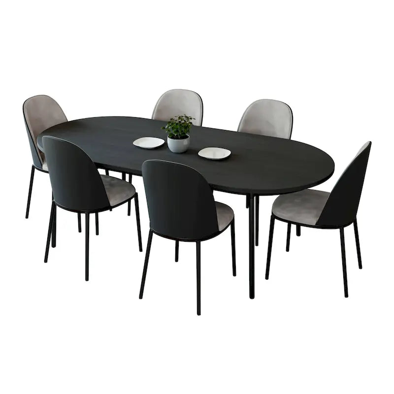 7-Piece Dining Set in Black Steel with 6 Chairs and Table Tule Collection by LeisureMod 40