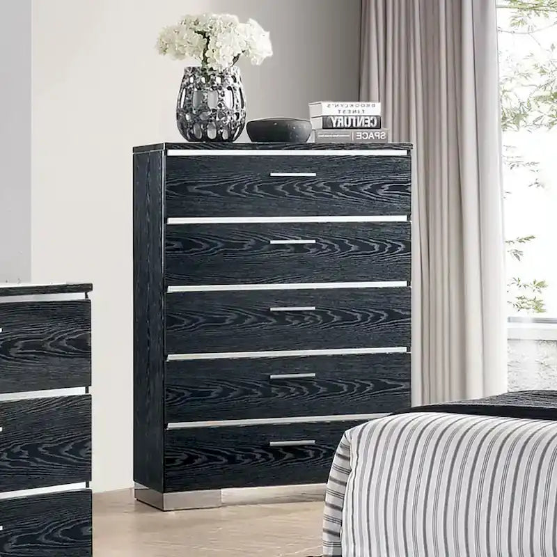 Set Letto a Pannelli con Contenitore a 2 Pezzi e Comò Alto Champs in Legno Massello Stile Contemporaneo di Furniture of America 6