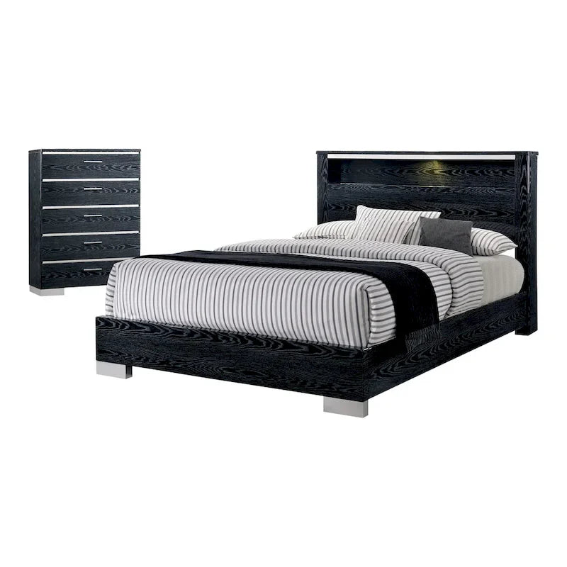 Set Letto a Pannelli con Contenitore a 2 Pezzi e Comò Alto Champs in Legno Massello Stile Contemporaneo di Furniture of America 7