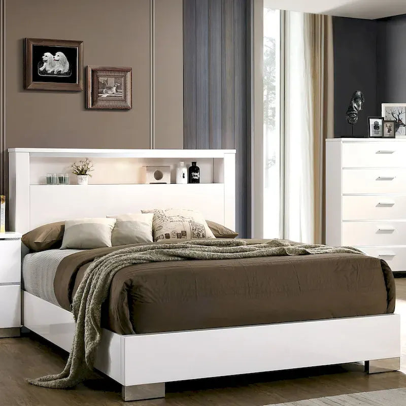 Set Letto a Pannelli con Contenitore a 2 Pezzi e Comò Alto Champs in Legno Massello Stile Contemporaneo di Furniture of America 13
