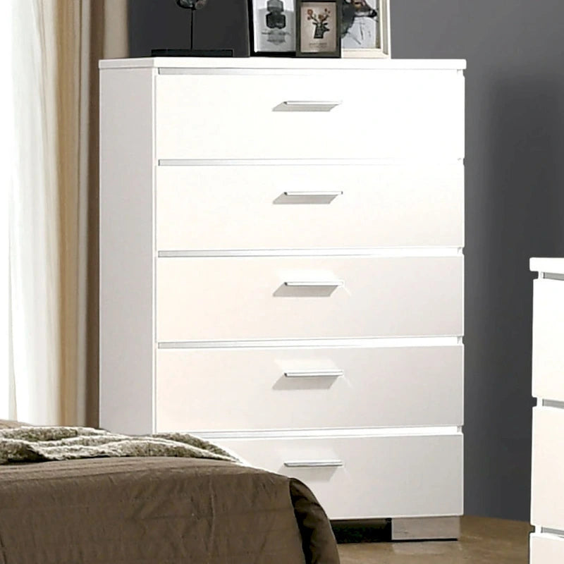 Set Letto a Pannelli con Contenitore a 2 Pezzi e Comò Alto Champs in Legno Massello Stile Contemporaneo di Furniture of America 20
