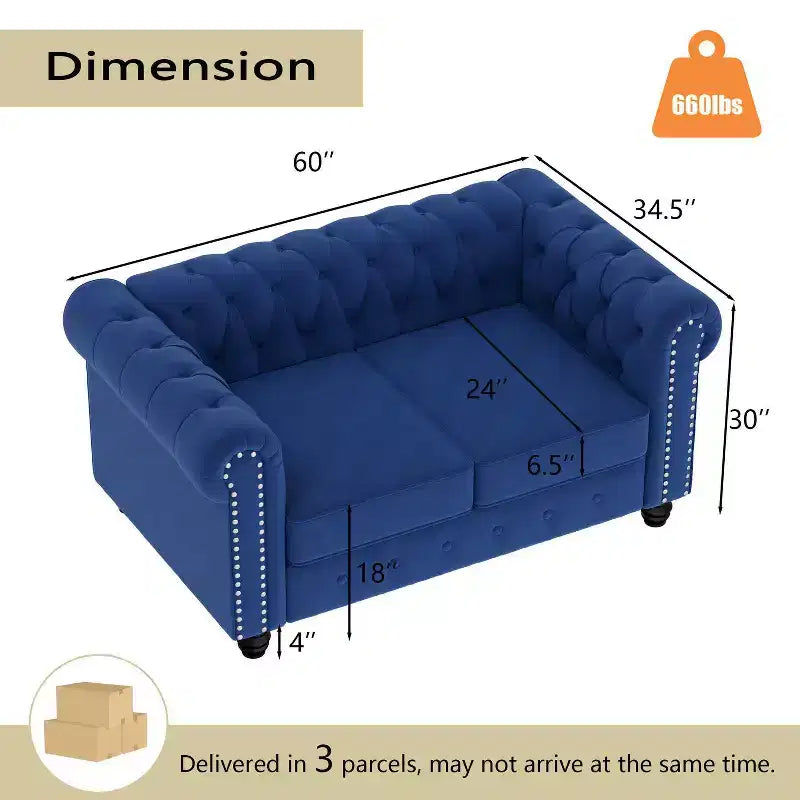 Divano a 2 posti in velluto blu da 152 cm per set di mobili da soggiorno-Morden Fort