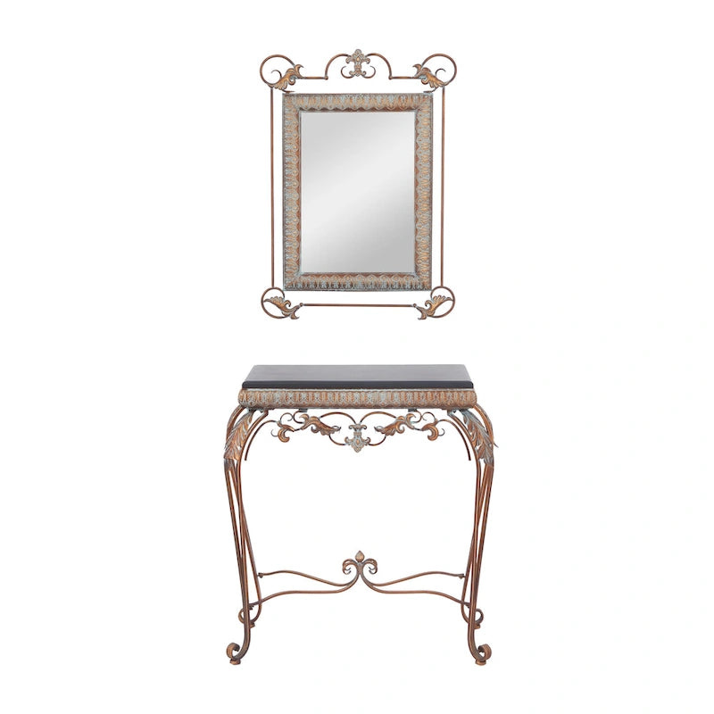 Metal Leaf Console Table with Mirror with Scrolled Legs - Set of 2 Bronze - Roche River Decor - 1W x 23L x 32H