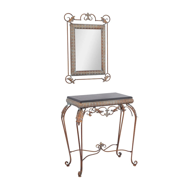 Metal Leaf Console Table with Mirror with Scrolled Legs - Set of 2 Bronze - Roche River Decor - 1W x 23L x 32H 3