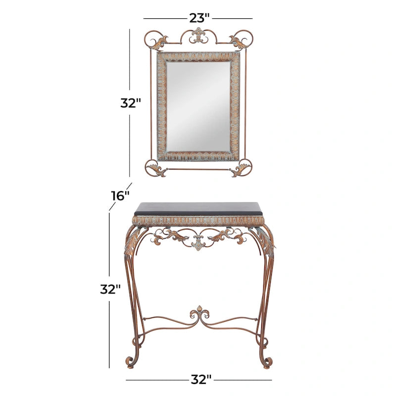 Metal Leaf Console Table with Mirror with Scrolled Legs - Set of 2 Bronze - Roche River Decor - 1W x 23L x 32H 6