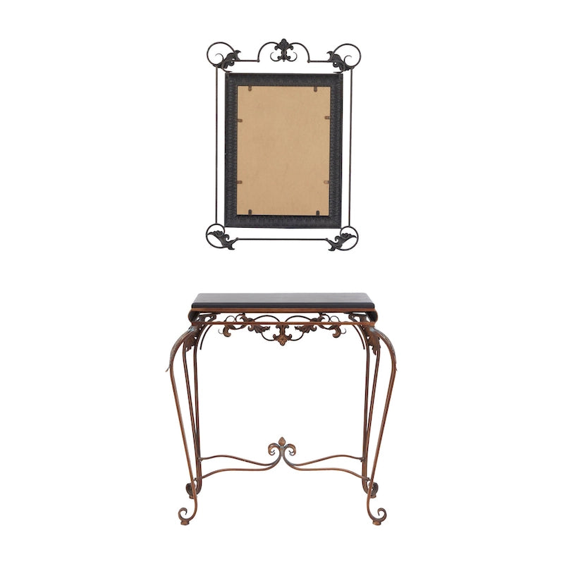 Metal Leaf Console Table with Mirror with Scrolled Legs - Set of 2 Bronze - Roche River Decor - 1W x 23L x 32H 7