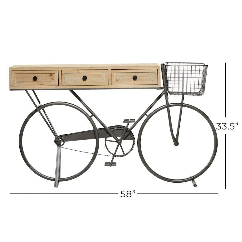 Metal Bike 3 Drawers Console Table with Brown Wood Top - Black - Roche River Decor - 15Wx58Lx34H 6