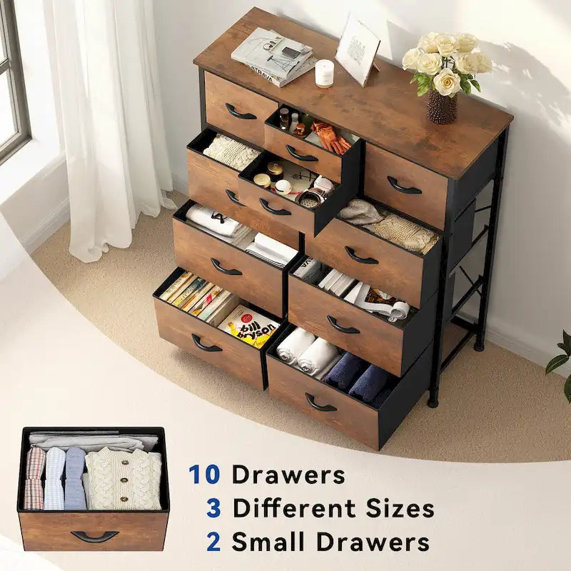 Moasis Rustic Wood-grain Badroom Dresser with Metal Frame, Wooden Top 2