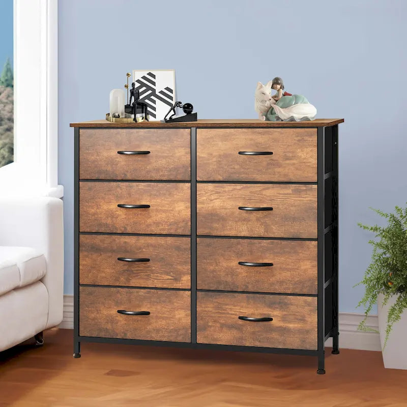 Moasis Rustic Wood-grain Badroom Dresser with Metal Frame, Wooden Top 5