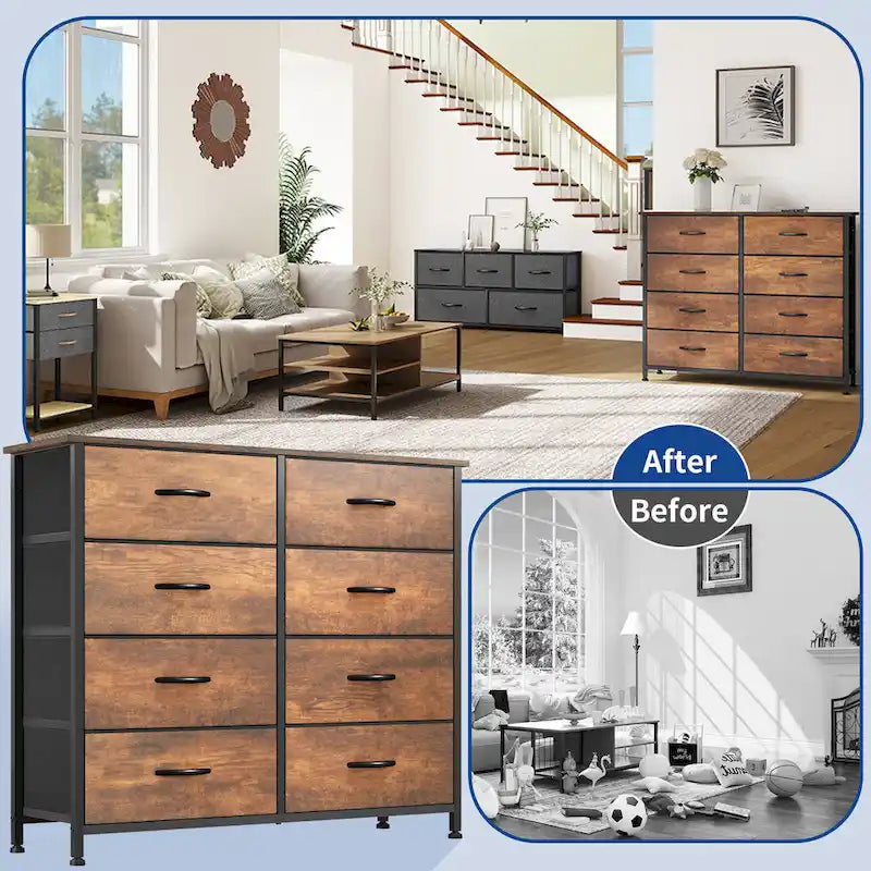Moasis Rustic Wood-grain Badroom Dresser with Metal Frame, Wooden Top 6