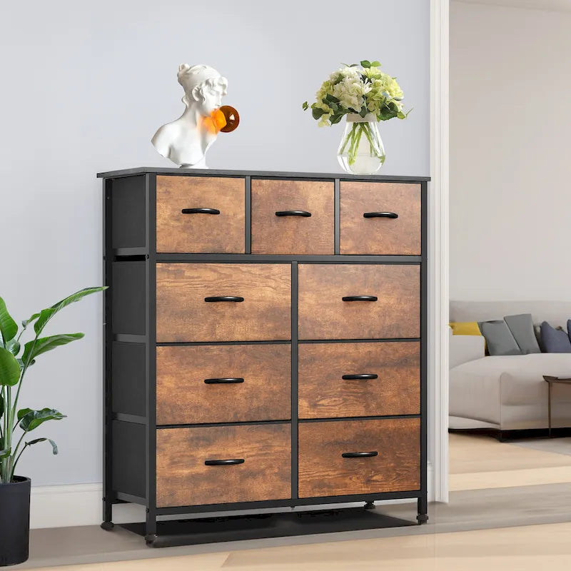 Moasis Rustic Wood-grain Badroom Dresser with Metal Frame, Wooden Top 10