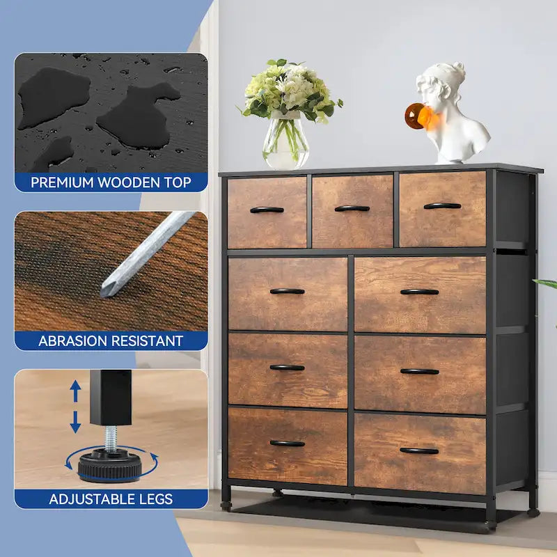 Moasis Rustic Wood-grain Badroom Dresser with Metal Frame, Wooden Top 11