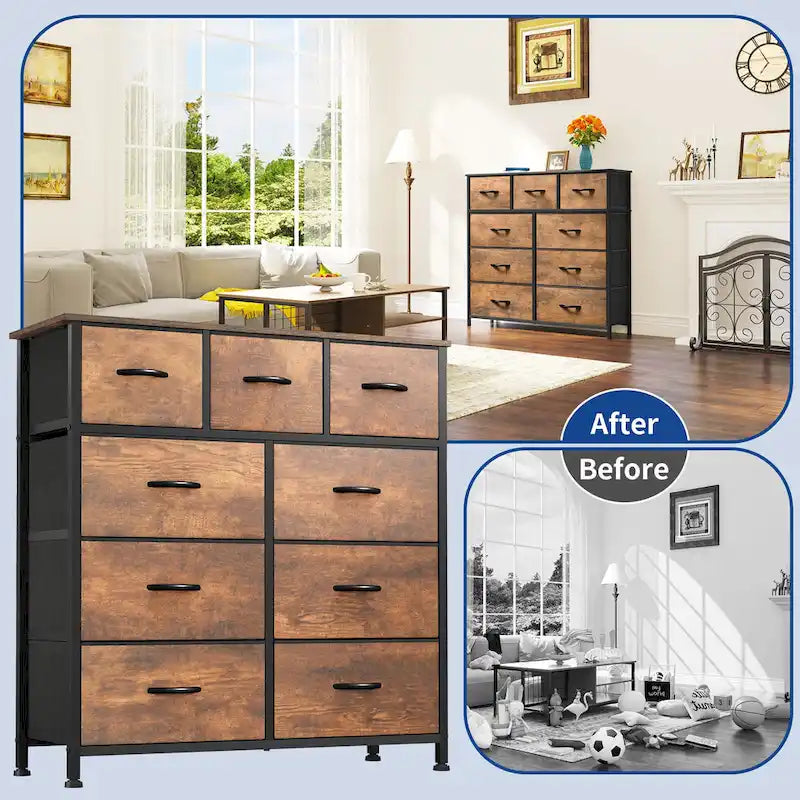 Moasis Rustic Wood-grain Badroom Dresser with Metal Frame, Wooden Top 12