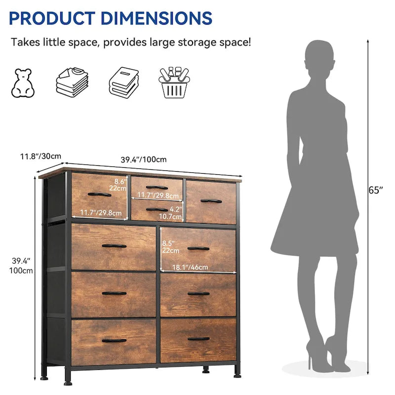 Moasis Rustic Wood-grain Badroom Dresser with Metal Frame, Wooden Top 16