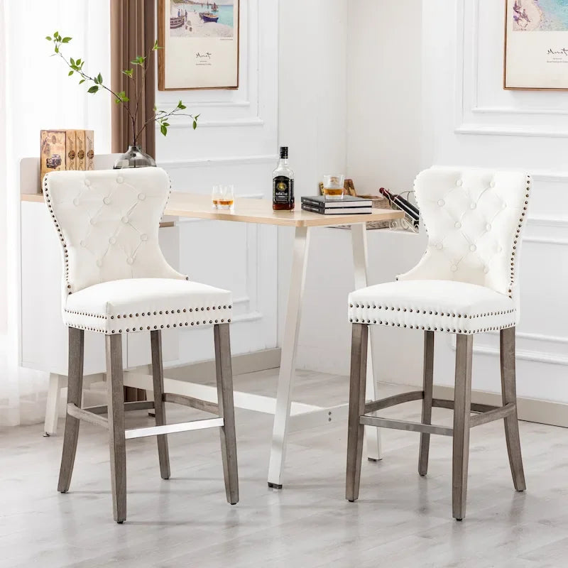 Carter 29 Sgabello da Bar Imbottito con Bottoni e Borchie (Set di 2), Gambe Grigio Antico 20