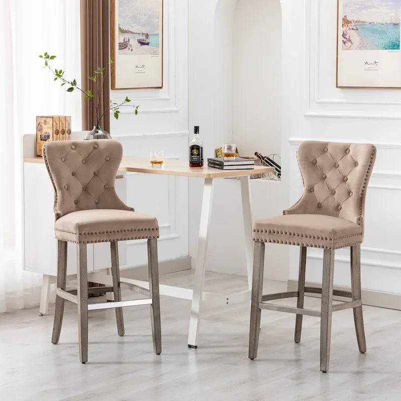 Carter 29 Sgabello da Bar Imbottito con Bottoni e Borchie (Set di 2), Gambe Grigio Antico 21