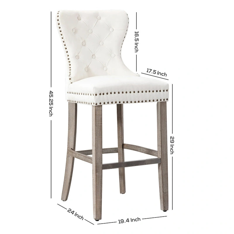 Carter 29 Wingback Tufted Nailhead Bar Stool (Set of 2), Antique Grey Legs