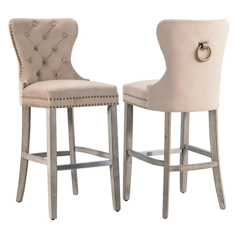 Carter 29 Sgabello da Bar Imbottito con Bottoni e Borchie (Set di 2), Gambe Grigio Antico 3