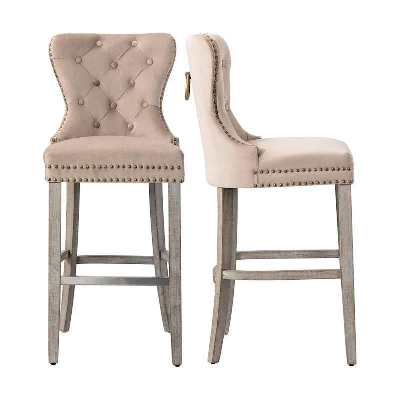 Carter 29 Sgabello da Bar Imbottito con Bottoni e Borchie (Set di 2), Gambe Grigio Antico 5
