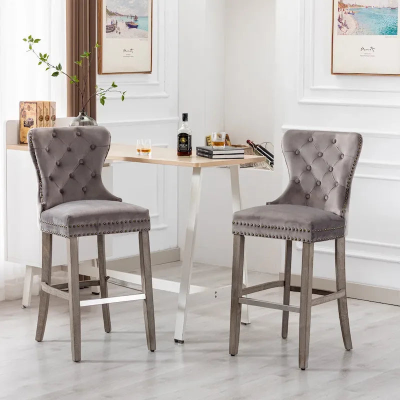 Carter 29 Sgabello da Bar Imbottito con Bottoni e Borchie (Set di 2), Gambe Grigio Antico 14